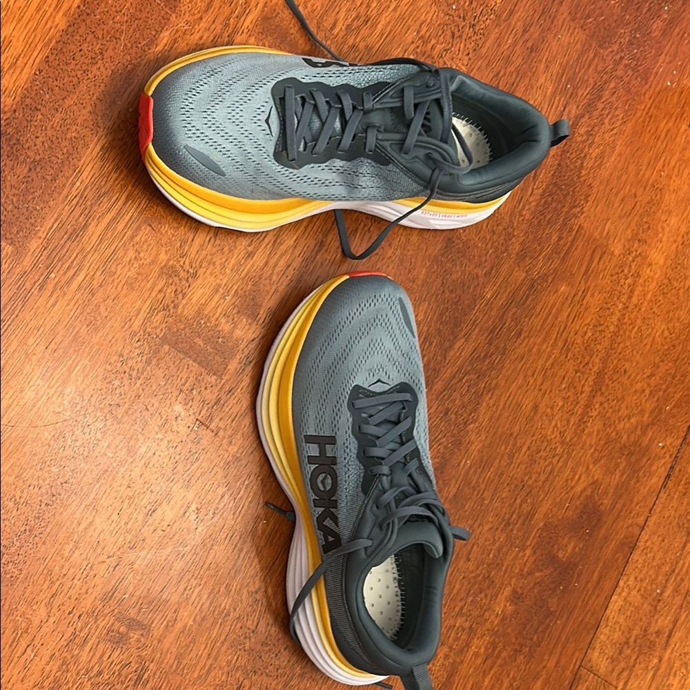 Hoka Gray and Yellow Athletic Shoes with Cushioned Midsole